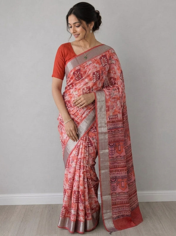 Beige printed saree with blouse piece