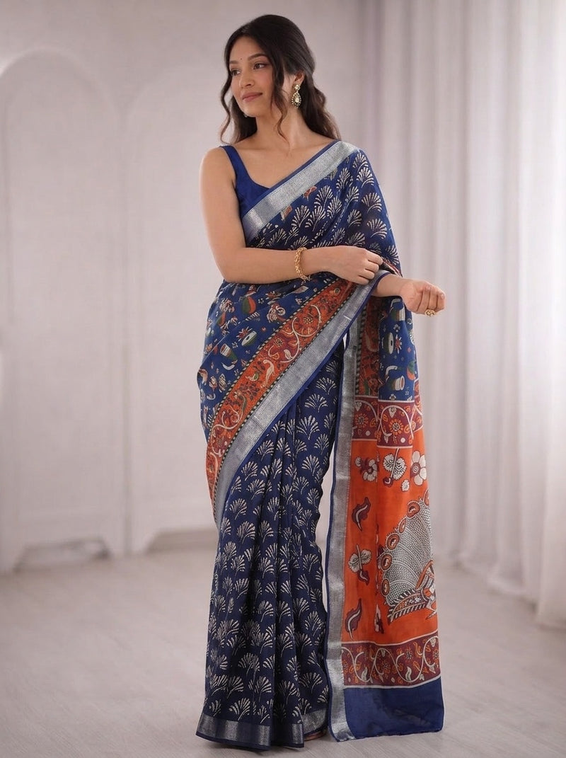 Navy Blue printed saree with blouse piece