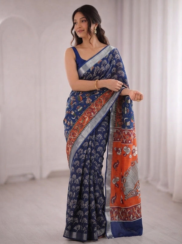 Navy Blue printed saree with blouse piece