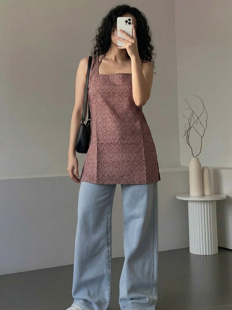 Brown Geometric Print Tie-Up Strap Square Neck Sleeveless Short Kurti
