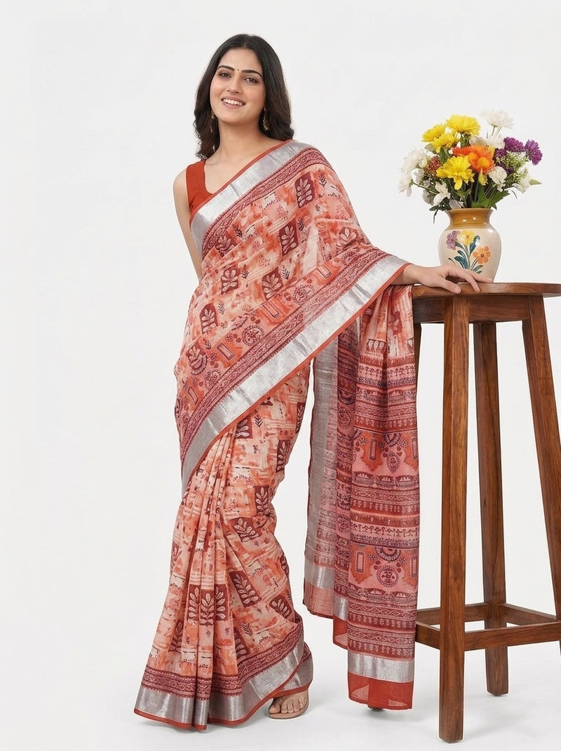 Beige printed saree with blouse piece
