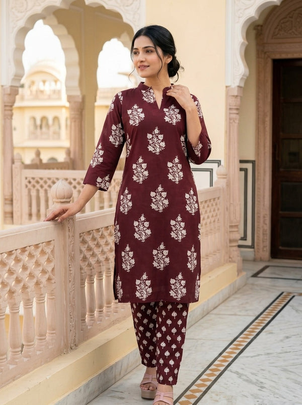 Maroon Floral print kurta with pant set
