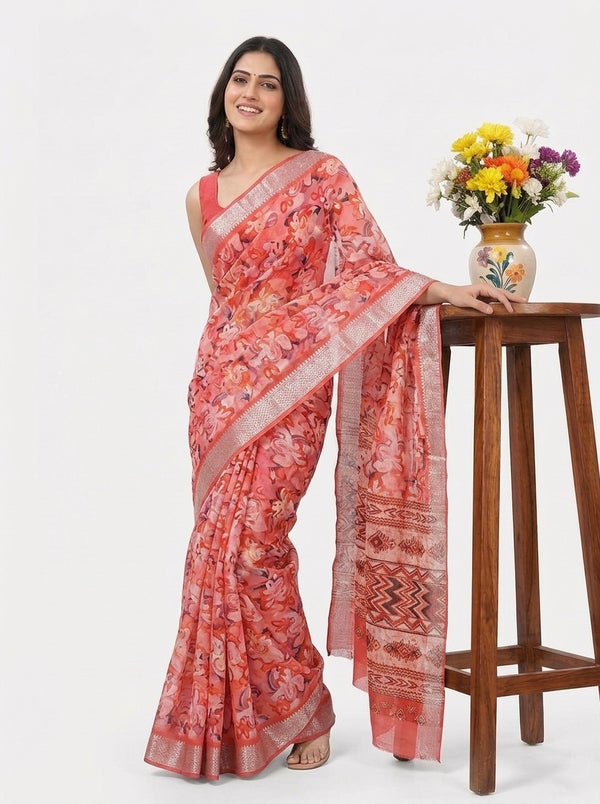 Peach printed saree with blouse piece