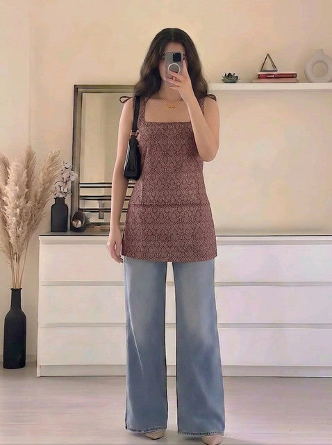 Brown Geometric Print Tie-Up Strap Square Neck Sleeveless Short Kurti