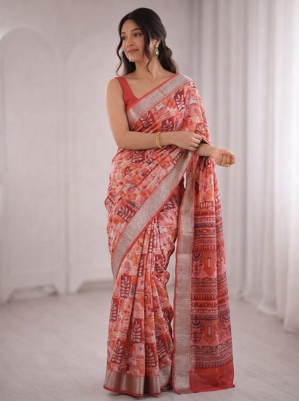 Beige printed saree with blouse piece