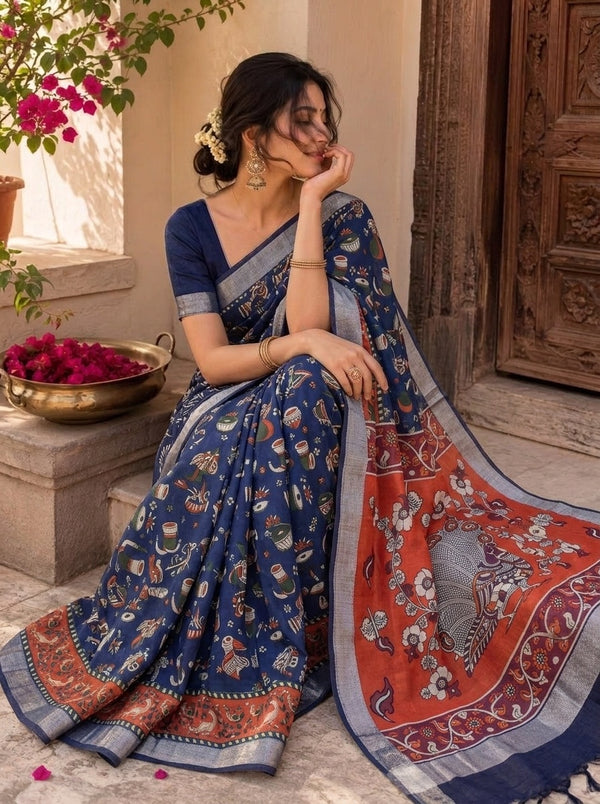 Navy Blue printed saree with blouse piece