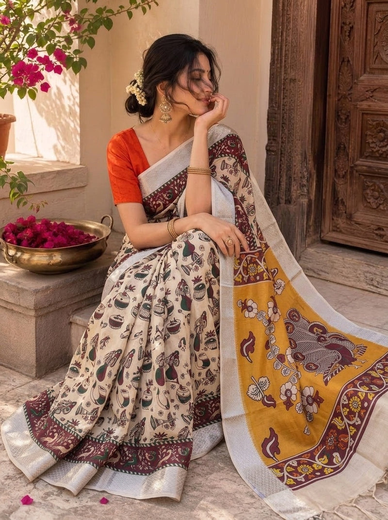 Beige printed saree with blouse piece
