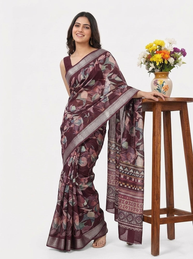 Maroon printed saree with blouse piece