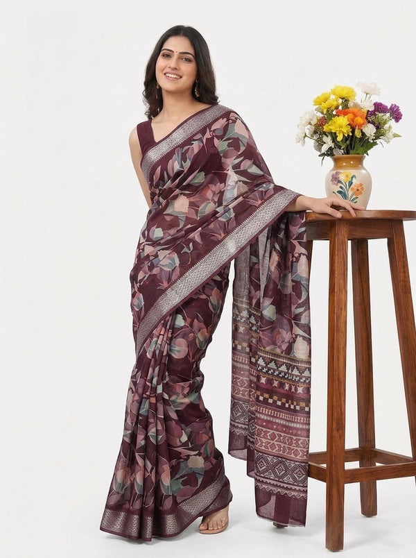 Maroon printed saree with blouse piece