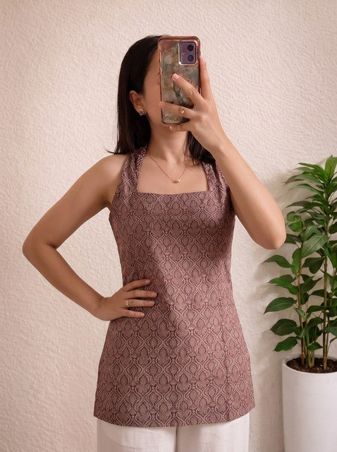 Brown Geometric Print Tie-Up Strap Square Neck Sleeveless Short Kurti