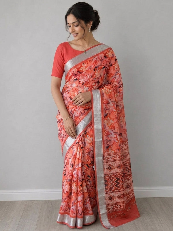 Peach printed saree with blouse piece
