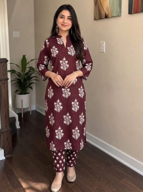 Maroon Floral print kurta with pant set