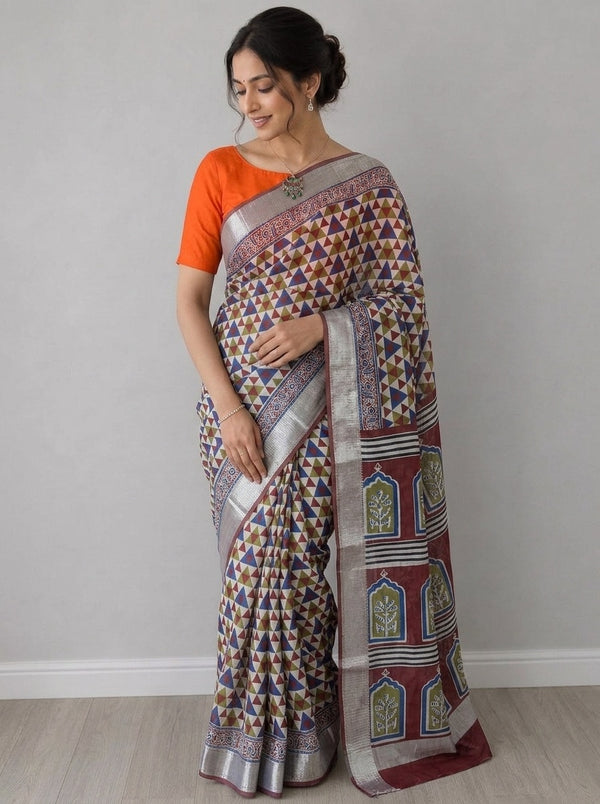 Navy Blue printed saree with blouse piece