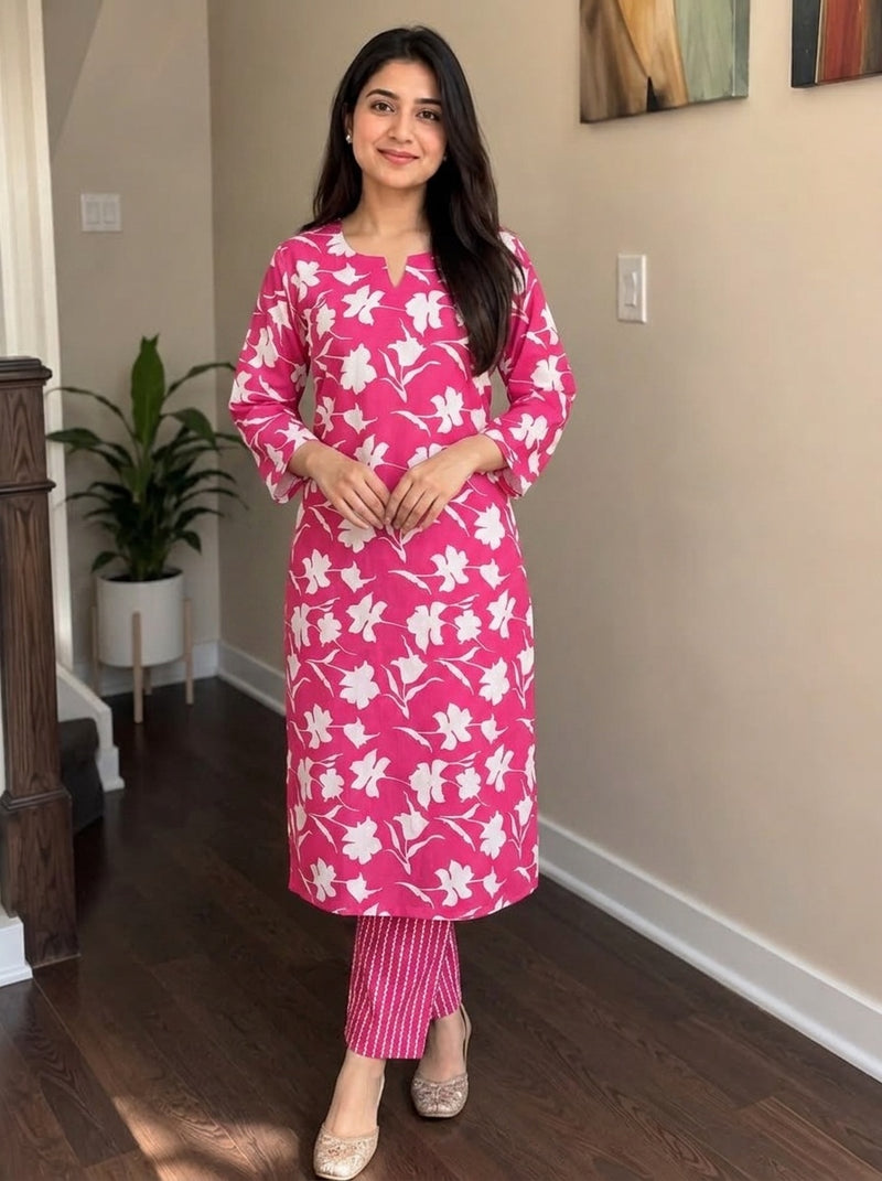 Pink Floral print kurta with pant set
