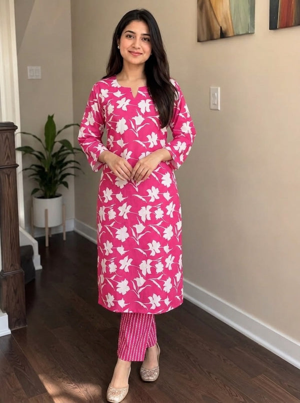 Pink Floral print kurta with pant set