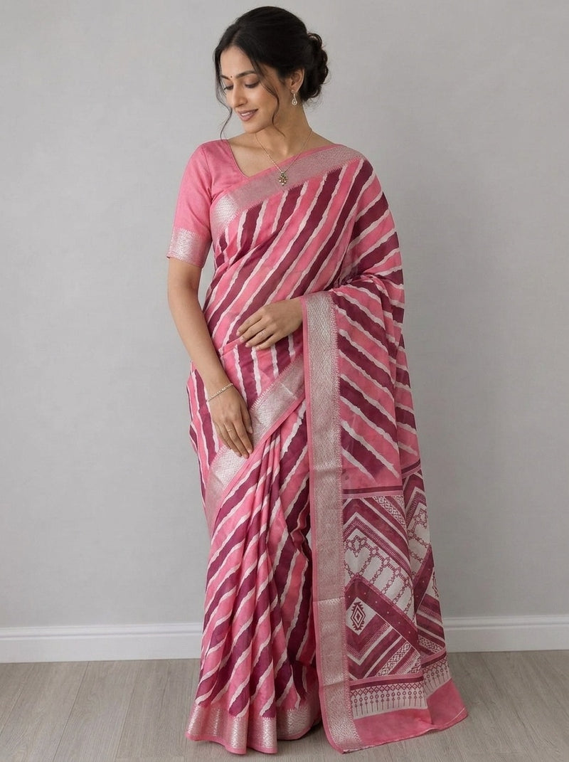 Pink printed saree with blouse piece