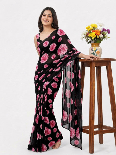 Black Floral Print Georgette Saree