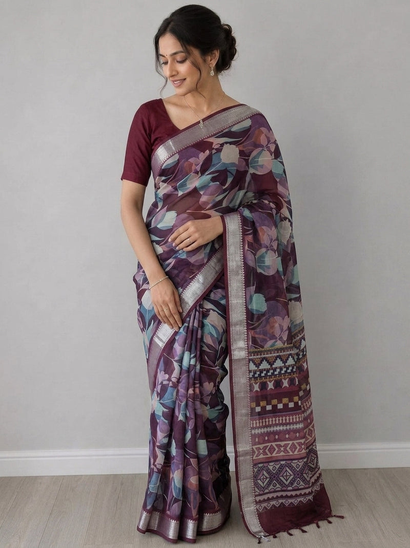 Maroon printed saree with blouse piece