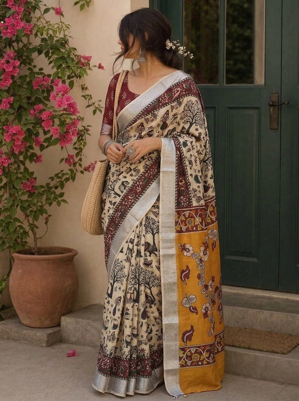 Beige printed saree with blouse piece
