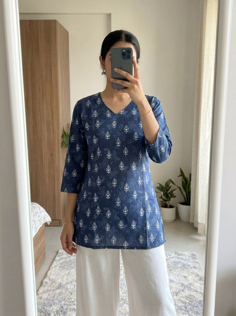 Navy Blue Botanical Print V-Neck 3/4 Sleeve Short Kurti