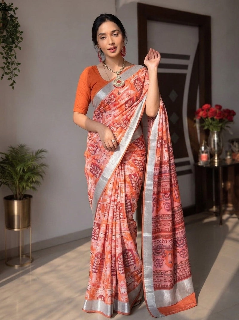 Beige printed saree with blouse piece
