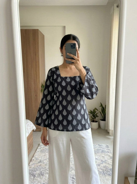 Black Paisley Print Bell Sleeve Square Neck Short Kurti
