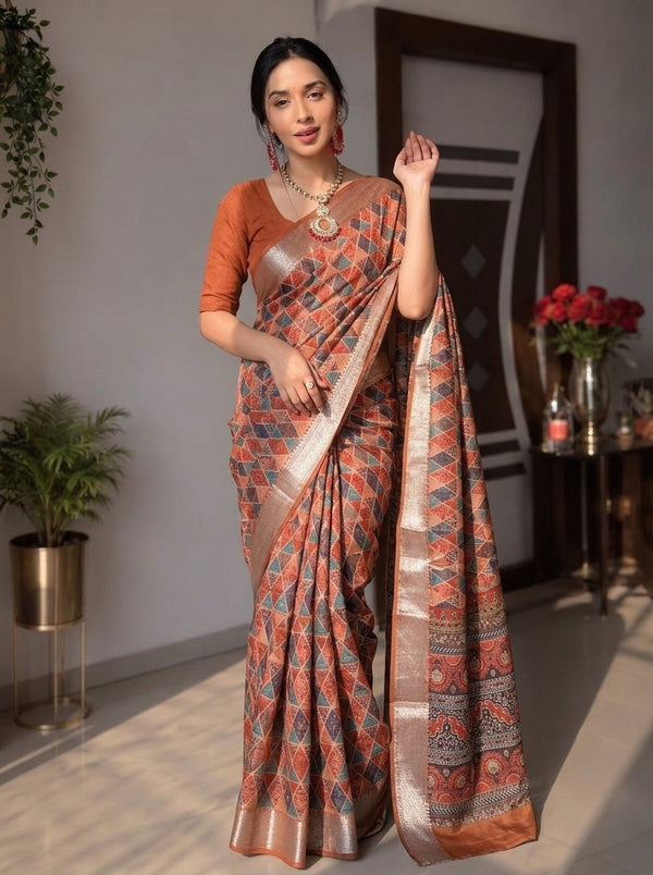 Rust printed saree with blouse piece