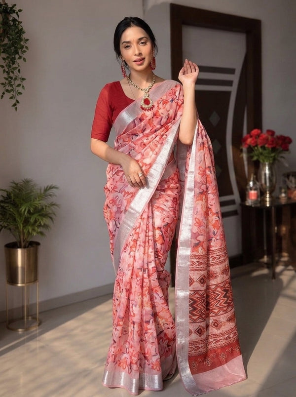 Peach printed saree with blouse piece