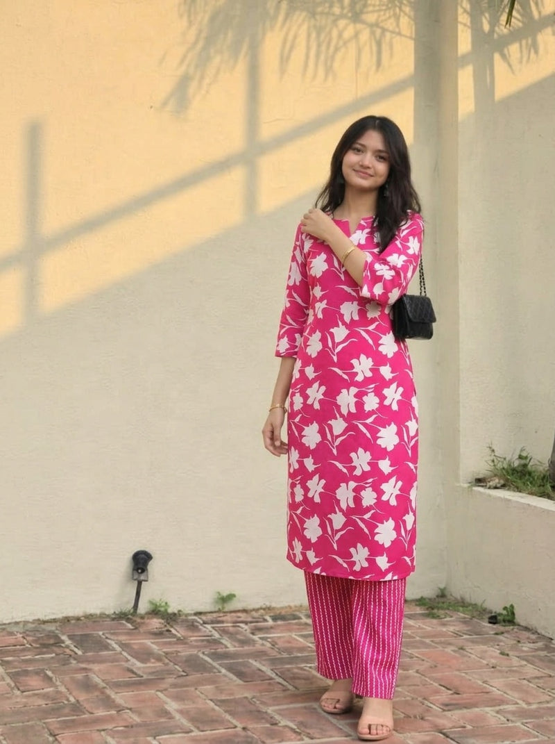 Pink Floral print kurta with pant set