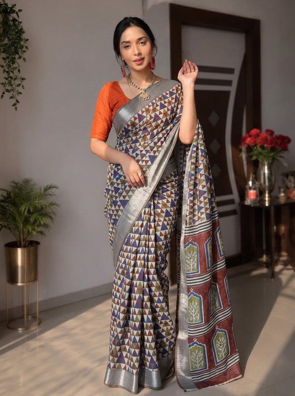 Navy Blue printed saree with blouse piece