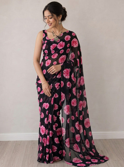 Black Floral Print Georgette Saree