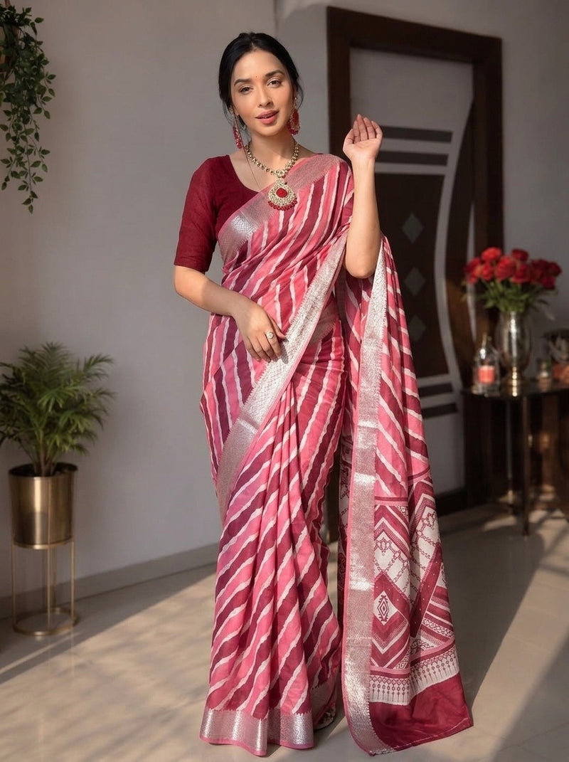 Pink printed saree with blouse piece