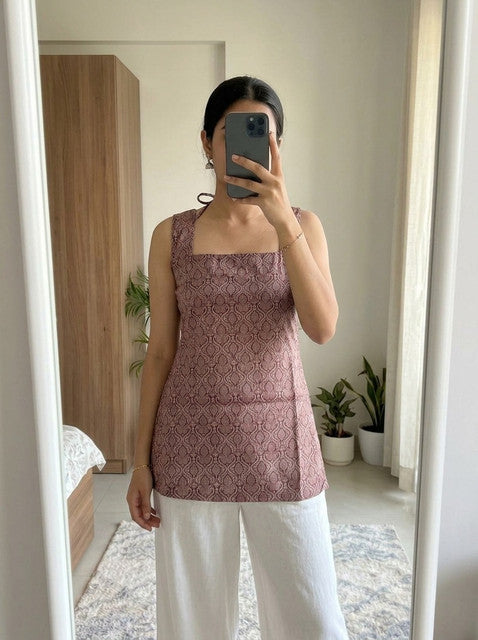 Brown Geometric Print Tie-Up Strap Square Neck Sleeveless Short Kurti
