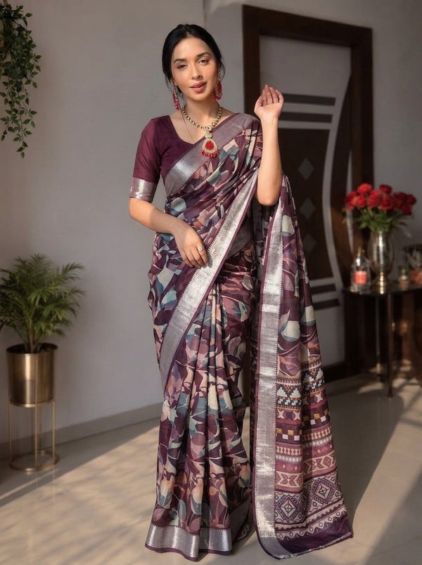 Maroon printed saree with blouse piece