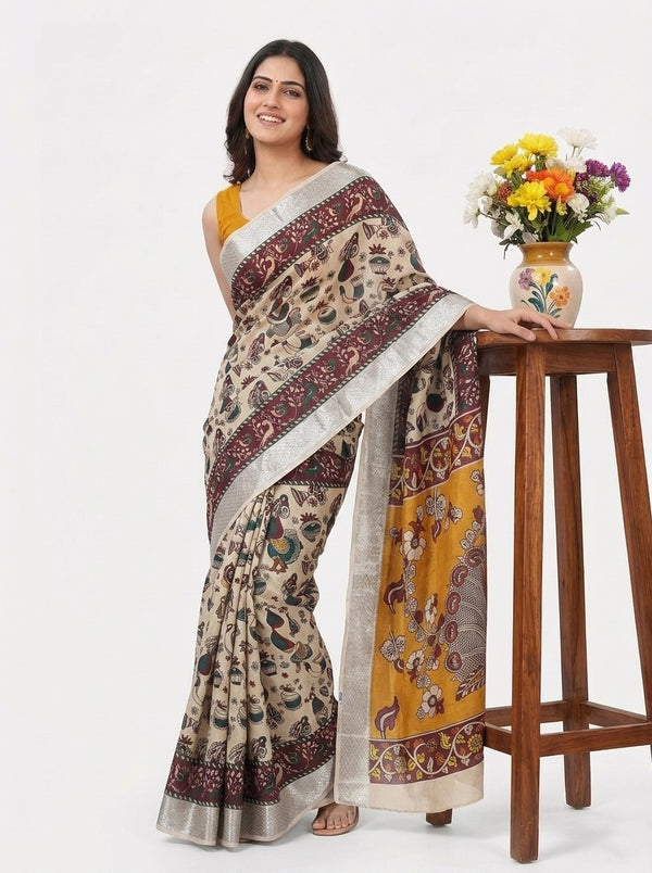 Beige printed saree with blouse piece
