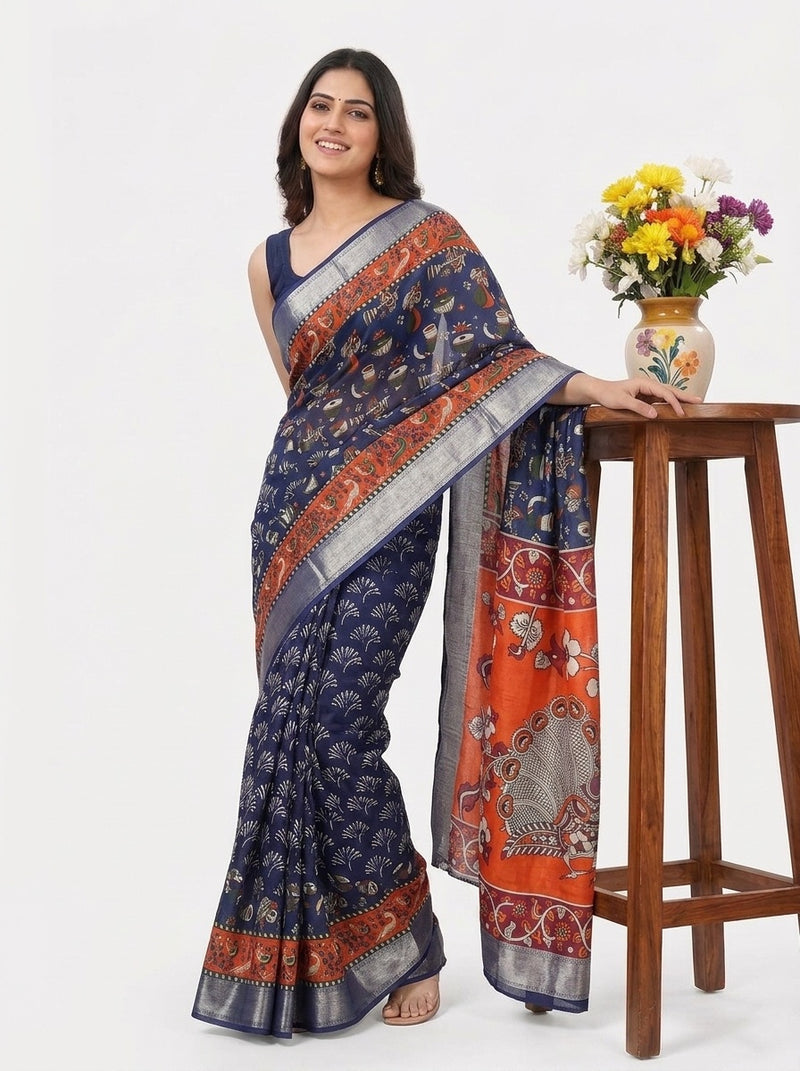 Navy Blue printed saree with blouse piece