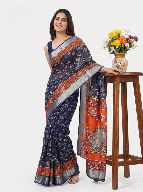 Navy Blue printed saree with blouse piece