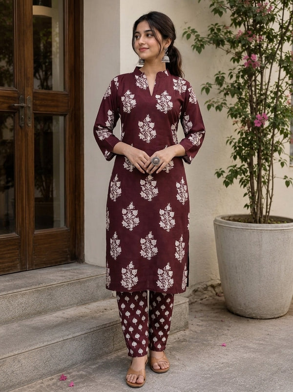 Maroon Floral print kurta with pant set