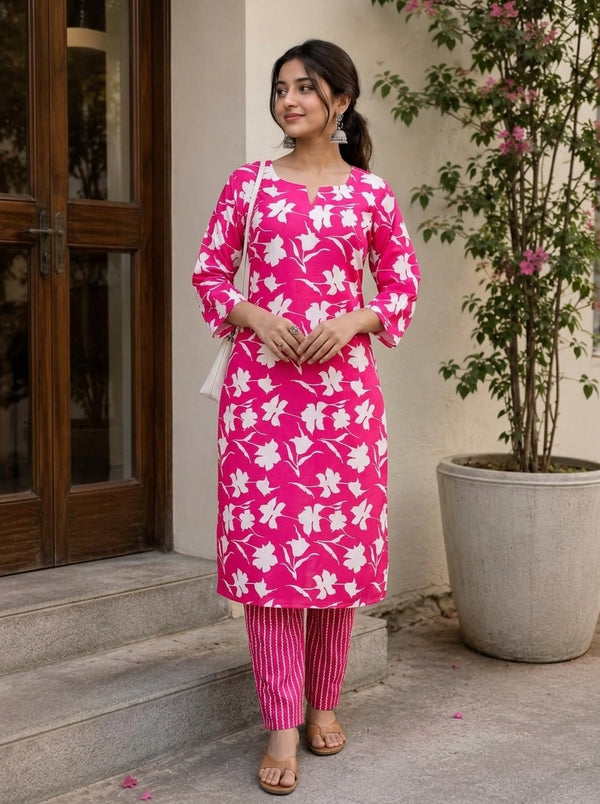 Pink Floral print kurta with pant set