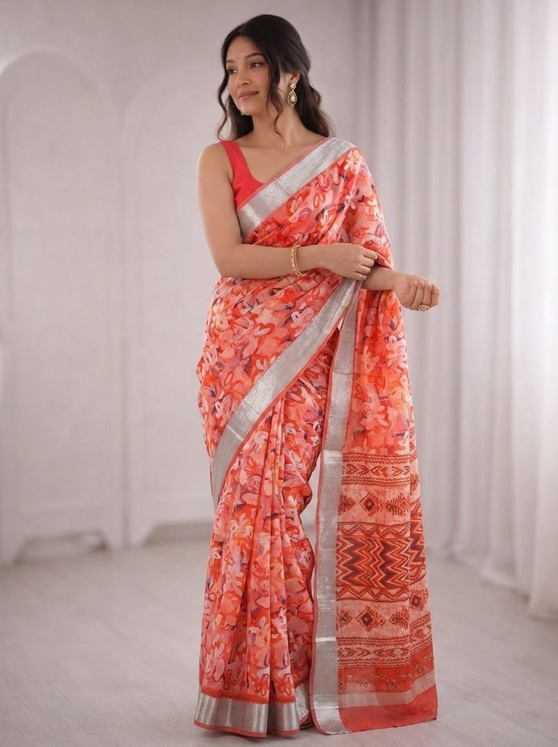 Peach printed saree with blouse piece
