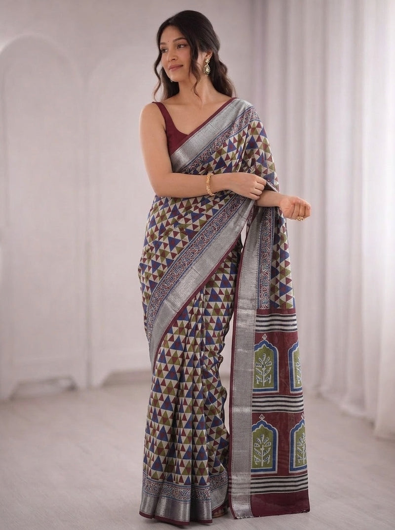 Navy Blue printed saree with blouse piece
