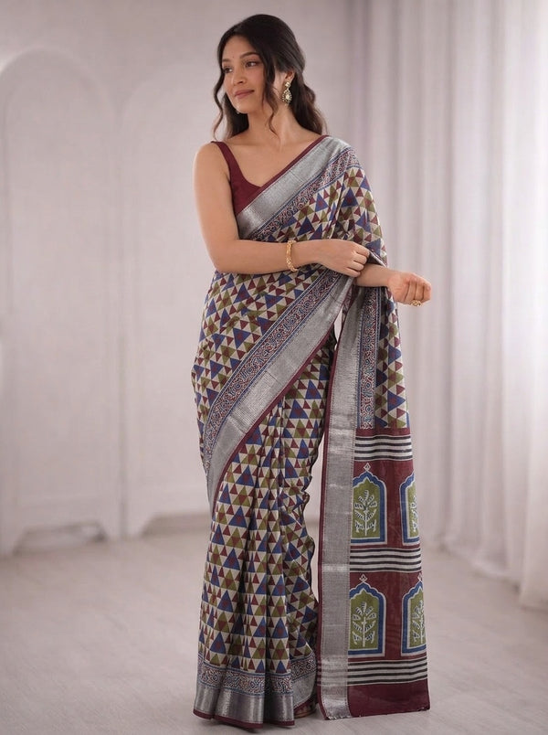 Navy Blue printed saree with blouse piece