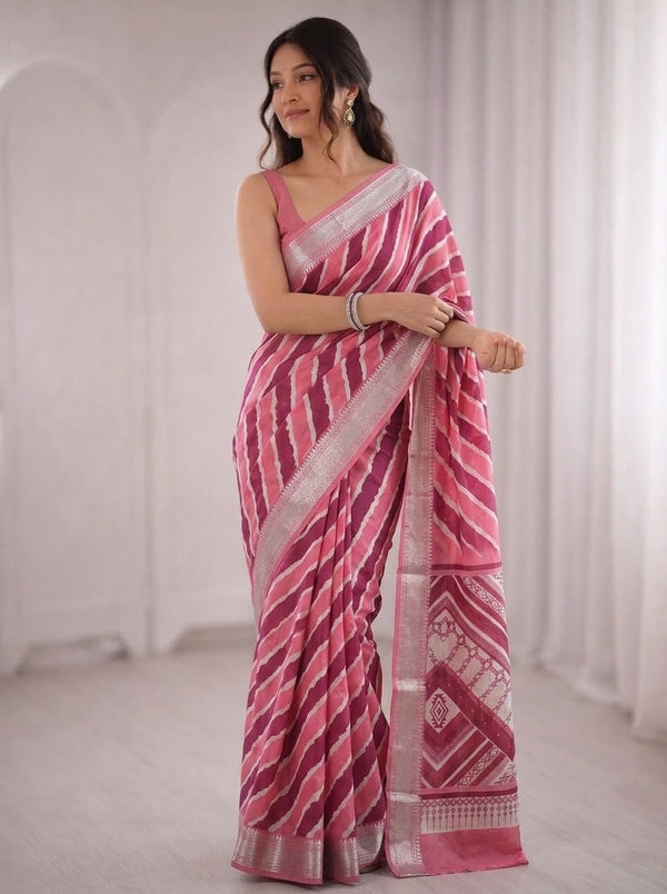 Pink printed saree with blouse piece
