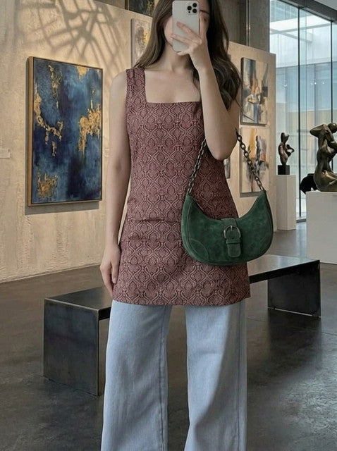 Brown Geometric Print Tie-Up Strap Square Neck Sleeveless Short Kurti