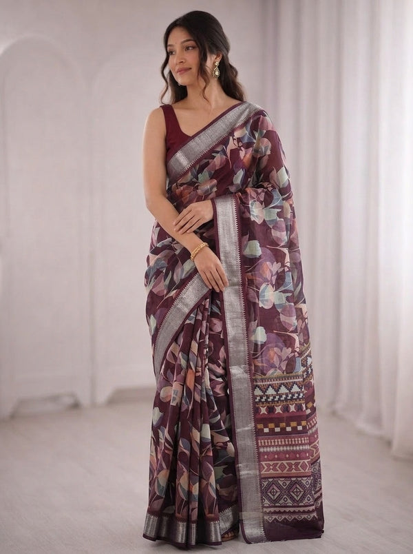 Maroon printed saree with blouse piece