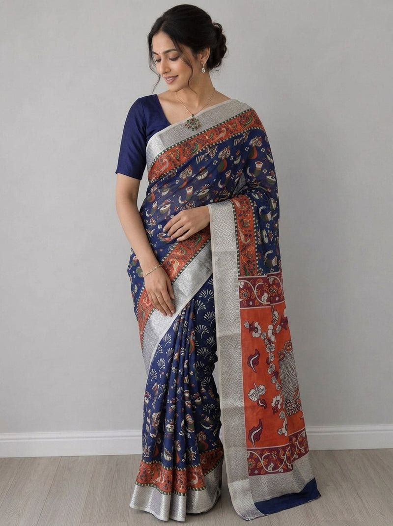 Navy Blue printed saree with blouse piece