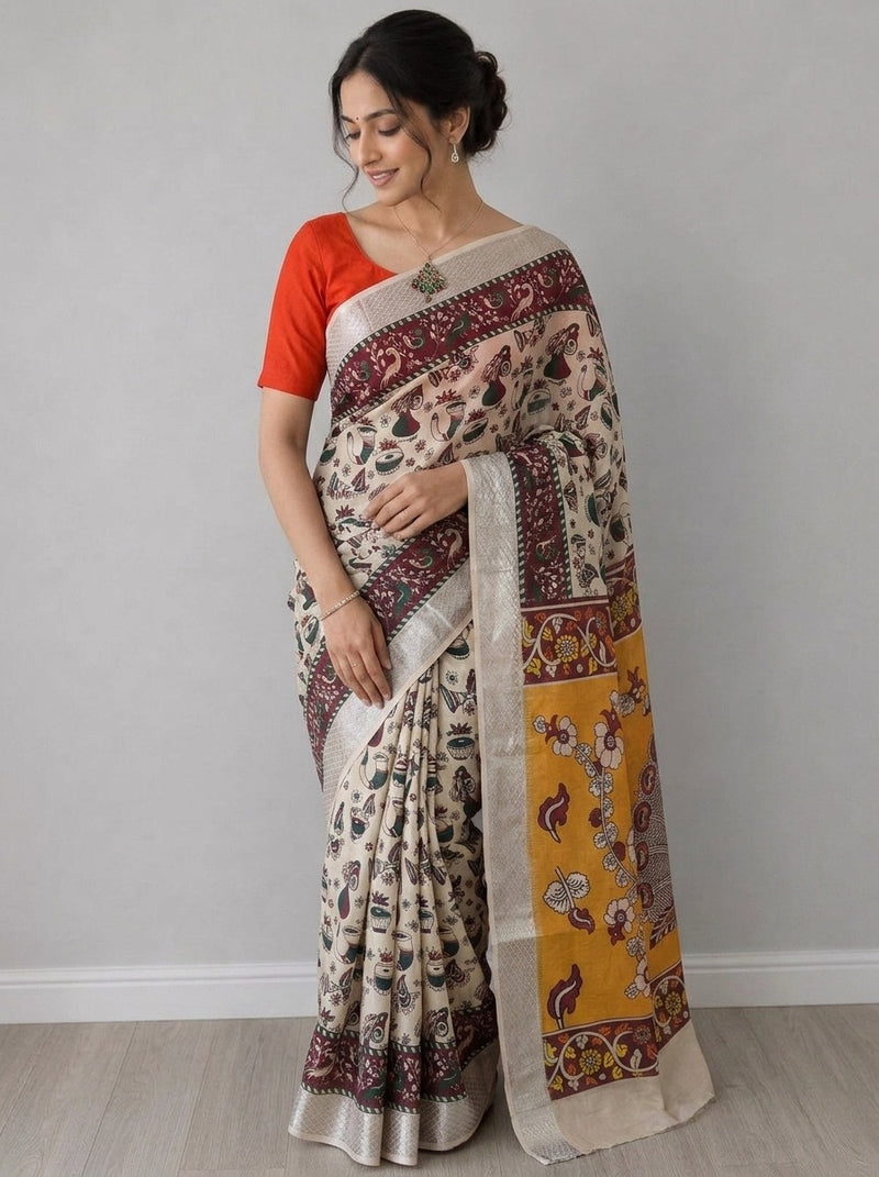 Beige printed saree with blouse piece