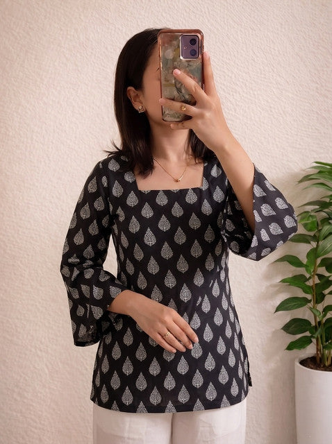 Black Paisley Print Bell Sleeve Square Neck Short Kurti