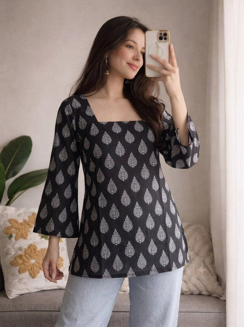 Black Paisley Print Bell Sleeve Square Neck Short Kurti
