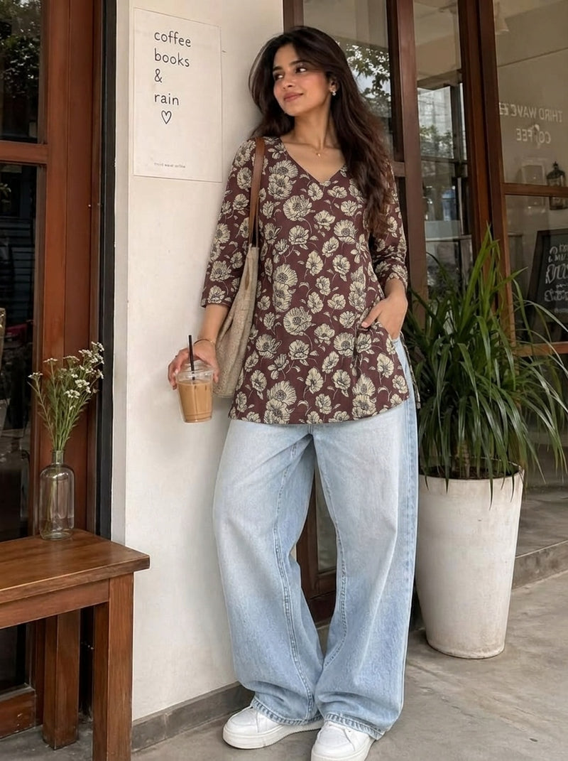 Burgundy printed short kurti